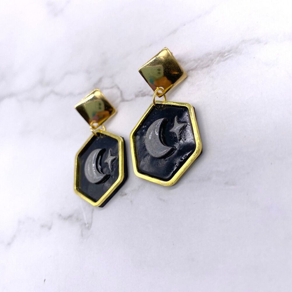 Black Holographic Celestial Crescent Moon Dangle Stud Earrings - Picture 11 of 15